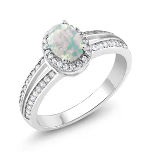Gem Stone King 1.60 Ct 7x5mm Oval Cabochon White Simulated Opal 925 Sterling Silver Ring