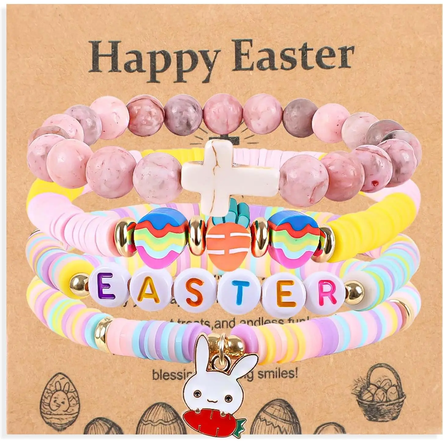 Easter Bracelets Set Handmade Natural Stone Bunny Cross Bracelet for Easter Beaded Stretch Bracelets Teen Gifts Easter Jewelry for Women
