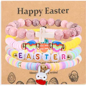 Easter Bracelets Set Handmade Natural Stone Bunny Cross Bracelet for Easter Beaded Stretch Bracelets Teen Gifts Easter Jewelry for Women