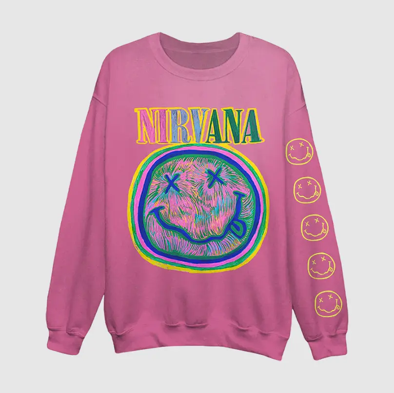 Spiral Smiley Crewneck Sweatshirt, 90's sweatshirt, Hot Pink Nirvana Sweater, Sweatshirt, Hoodie