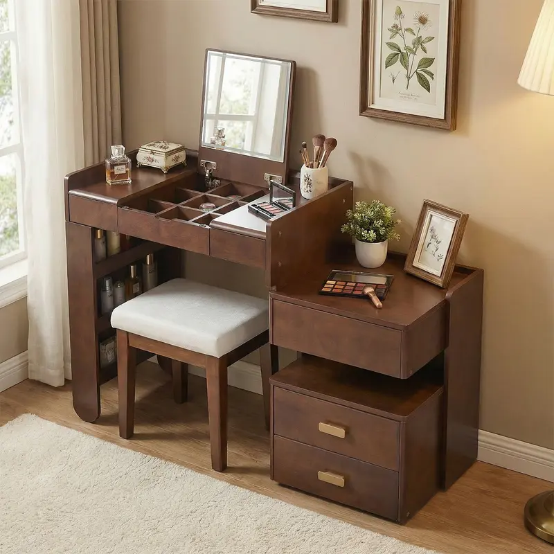 french connection brown dress solid wood makeup mirror storage box integrated Black walnut bedroom dressing table mirror 360 degree rotation 15.4x5.5x16.1 inch / 39x14x41 сm/ Rich main image 0