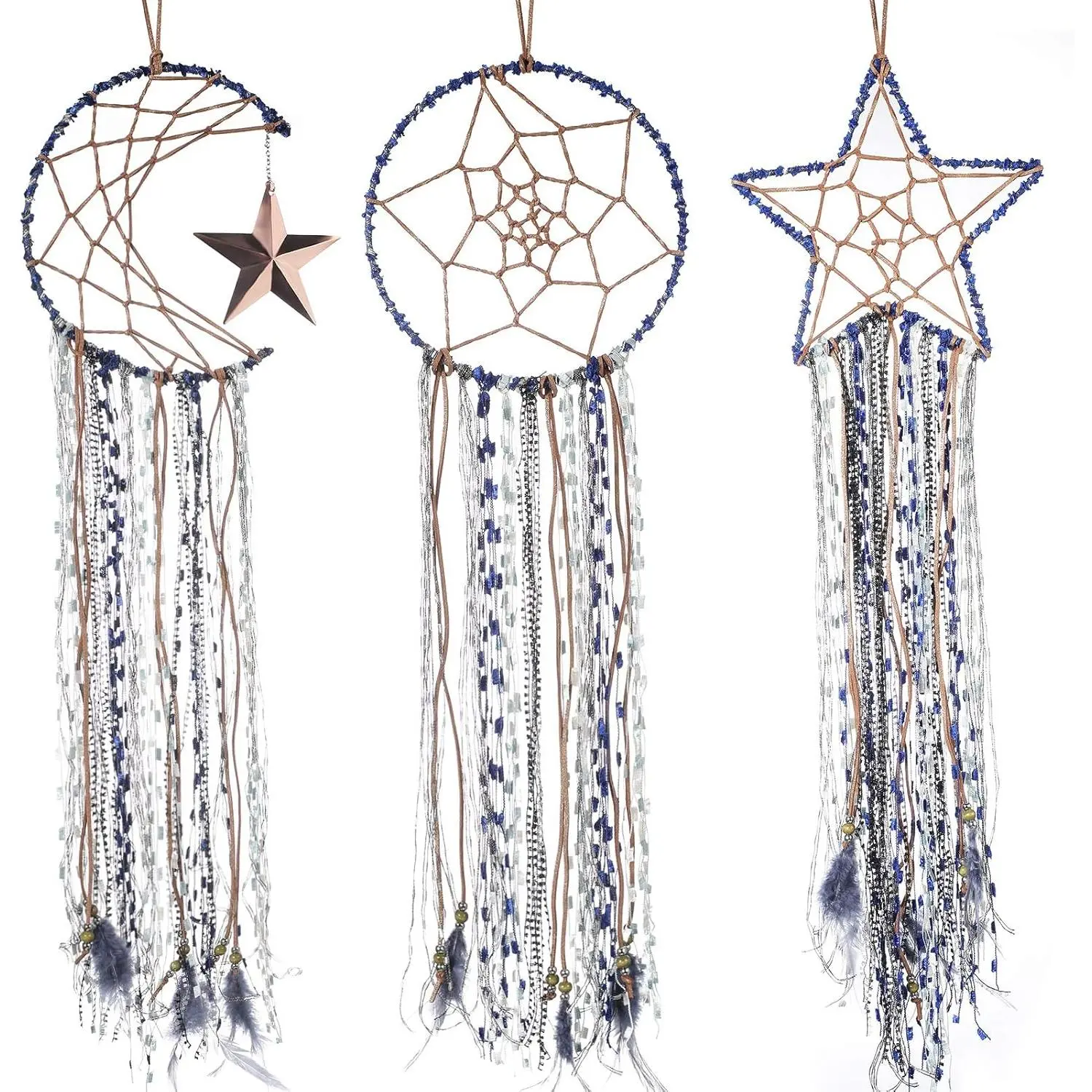 Handmade 3-Piece Blue Dream Catcher - 20 cm-94 cm Modern Hanging Decor with Stars, Moon, Sun, Cotton, Metal Accents, Feathers - Valentines Day Gift for Bedroom Home Spring Decoration, Wall Decor, Durable