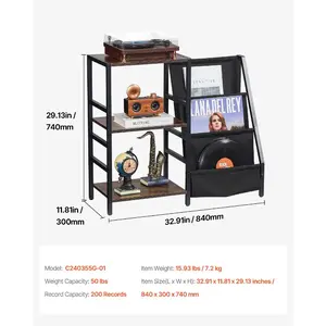 VEVOR Record Player Stand, 3 Tiers Metal Vinyl Record Stand, Turntable Stand with Record Holder Vinyl Display Shelf, Wooden Record Holder Ideal for Bedroom, Living Room, Black