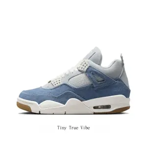 Light Denim Blue Mid-Top Shoes, Retro Basketball Design with Off-White and Gum Sole Details, Breathable Denim Overlays and Mesh Panels