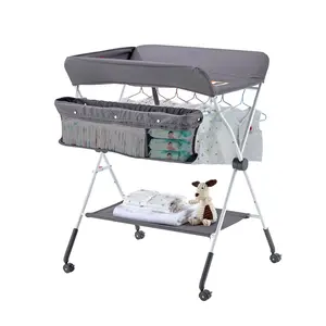 【FathersDayGift】VEVOR Baby Changing Table, Foldable Diaper Change Station with Side Basket, Adjustable Height Portable Changing Table with Lockable Wheels, Multi-Functional Storage Organizer Nursery, Dark Gray