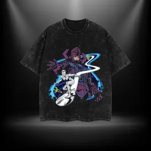 Galactus and Silver Surfer - Fantastic Four Double Printed Oversize Lightweight Acid Washed Tee TV Show Graphic Top Cotton Gift T-Shirt For Comic Lover, Gift T-Shirt For Movie Lover washed  streetwear Oversized Menswear