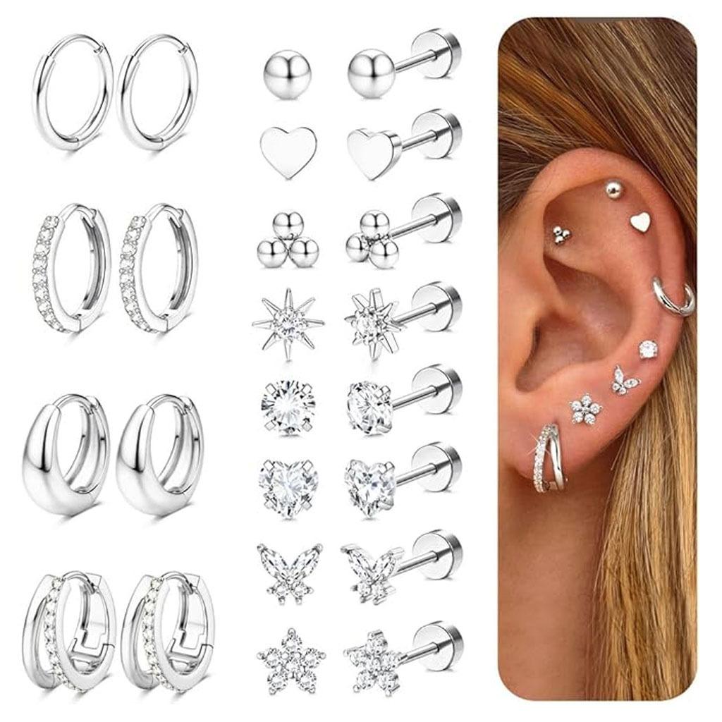 12-Pair Gold Earring Set – Hypoallergenic Studs & Huggie Hoops with Cubic Zirconia