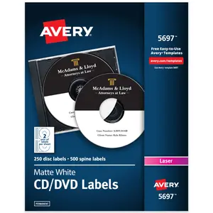 Avery Printable CD Labels, Matte White, Permanent Adhesive, Laser Printer Compatible, 250 Disc & 500 Spine Labels (5697)