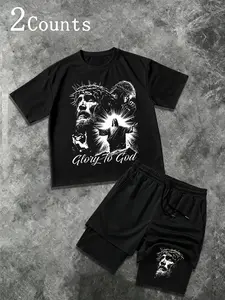 American Street Style Sporty Two-Piece Set, Loose-Fitting Sporty Comfy Breathable Fabric, Men's Daily/workout, Religious Print Short Sleeve Shorts Set