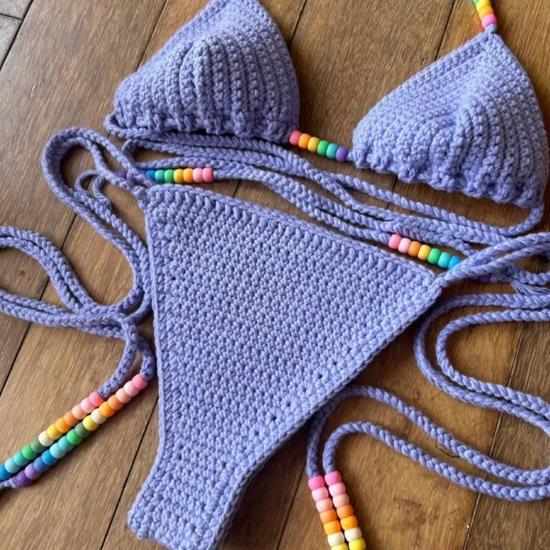 Bikini Crochet in Purple with Colorful Bead Detailing - Swimwear Item