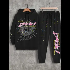 2k American Casual Hooded Sweatpants Set, Spider Web Letter Print Outfit, Colorful Star Sleeves, Streetwear Style, Unisex Fashion
