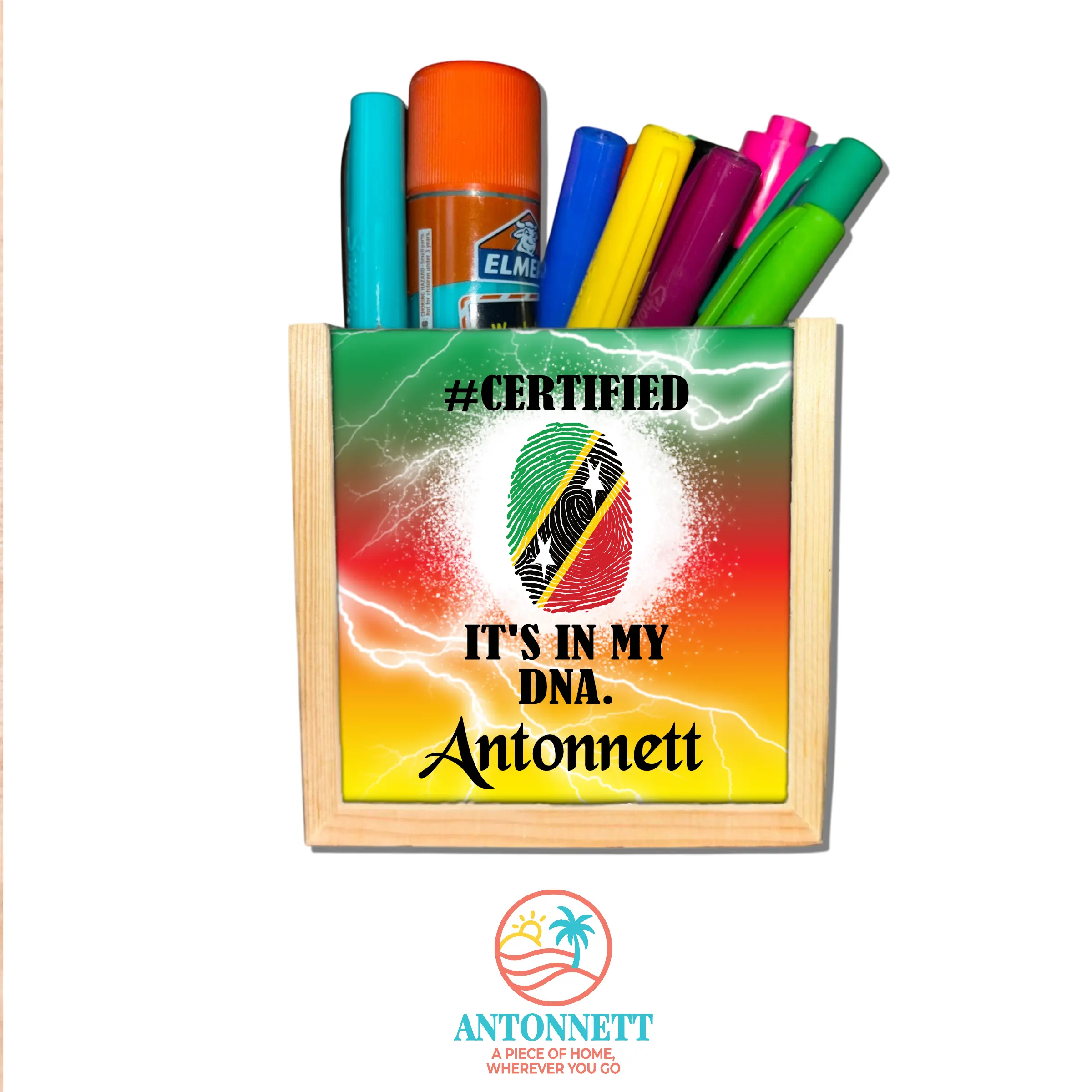 Antonnett “Certified: It’s In My DNA” Personalized Wooden Pencil Holder – 4x4x4 in., Free School Supply Bundle, Flag Meaning Display Card, Multilingual Options, Custom Name in 12 Fonts, Caribbean-Inspired Design for Desk, Gifts, or Classroom Use