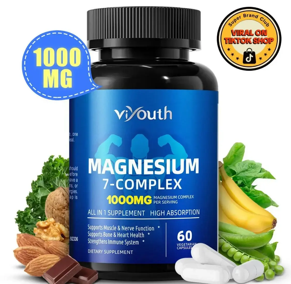 Viyouth 1000mg Magnesium Complex - 10 Elemental Magnesium Complex & Zinc for Calming Sleep & Relax - Dietary Supplement for Hair Health Digestive Detox & Cortisol Balance-3rd Party Tested Tablets Fitness, magnesium glycinate Vitamin Healthcare