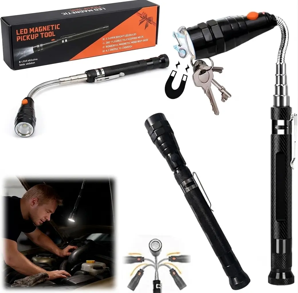 Upgraded Telescoping Magnetic Pickup Tools Flashlight,Double-Headed Magnet Led Telescoping Flashlight, Neck Bendable Spring Stick,Gift for Every Guy Christmas (1 PCS)