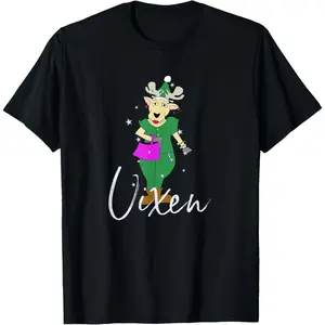 Vixen Cute Reindeer T-Shirt Funny Christmas Group Set Tee T-Shirt, 100% Cotton, Single Side Printed, Black Short Sleeve T-shirt, 1 pc, Christmas Halloween Thanksgiving Gift