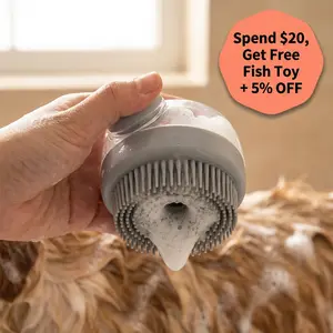 Pet Silicone Bath Brush with Shampoo Dispenser for Dogs & Cats, Soft Bristle Dog Bath Brush, Press-to-Dispense Pet Shampoo Brush, Anti-Slip Pet Scrubber for Bathing, Grooming, Massage and Easy Foam Cleaning