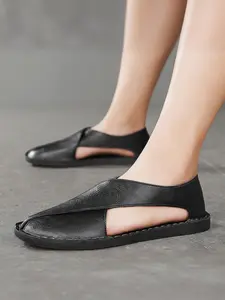 Men's Summer Leather Sandals, Vintage Handmade Slippers, Comfortable One-Step Breathable Casual Outdoor Hollow Out Slip-On Shoes