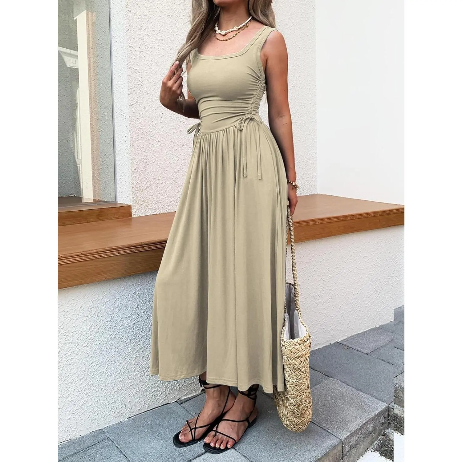 Women's Boho Summer Maxi Dress with Pockets, Adjustable Waist, Sleeveless  Casual Ruched Sundress for Beach Vacation - TikTok Shop