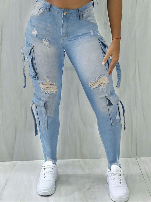 Y2K women's street style multi-pocket cropped work Stretchy Jeans with flap pockets for autumn and winter, perfect for Christmas fashion