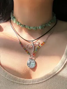3pcs/set Women's Boho Style Dragonfly Pendant Necklace & Beaded Necklace, Vintage Retro Trendy Necklaces, Exquisite Jewelry without Box for Women