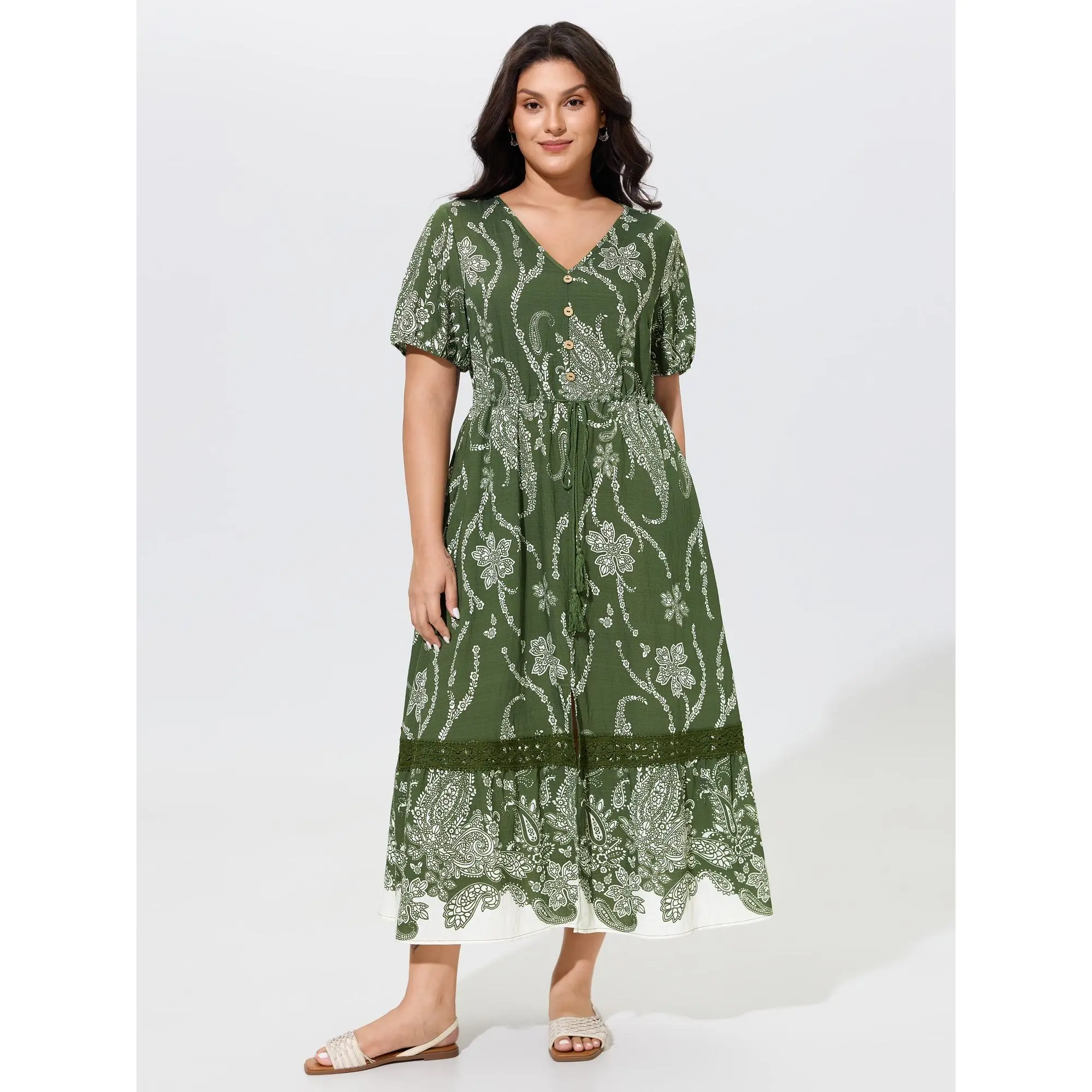 BLOOMCHIC Women's Plus Size Smooth Nylon Garment Short-Sleeve Paisley Floral Print Drawstring Waist Lace Tiered Midi Casual Dress [M-6X] 2026 Summer Finds, Bohemian, Fabric, Fit, Pocket