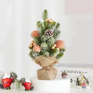 Burlap Small Christmas Tree Decor with Lights - Mini Tabletop Artificial Tree Centerpiece for Indoor Home Office Desk Holiday Decorations(Gold Ornament)