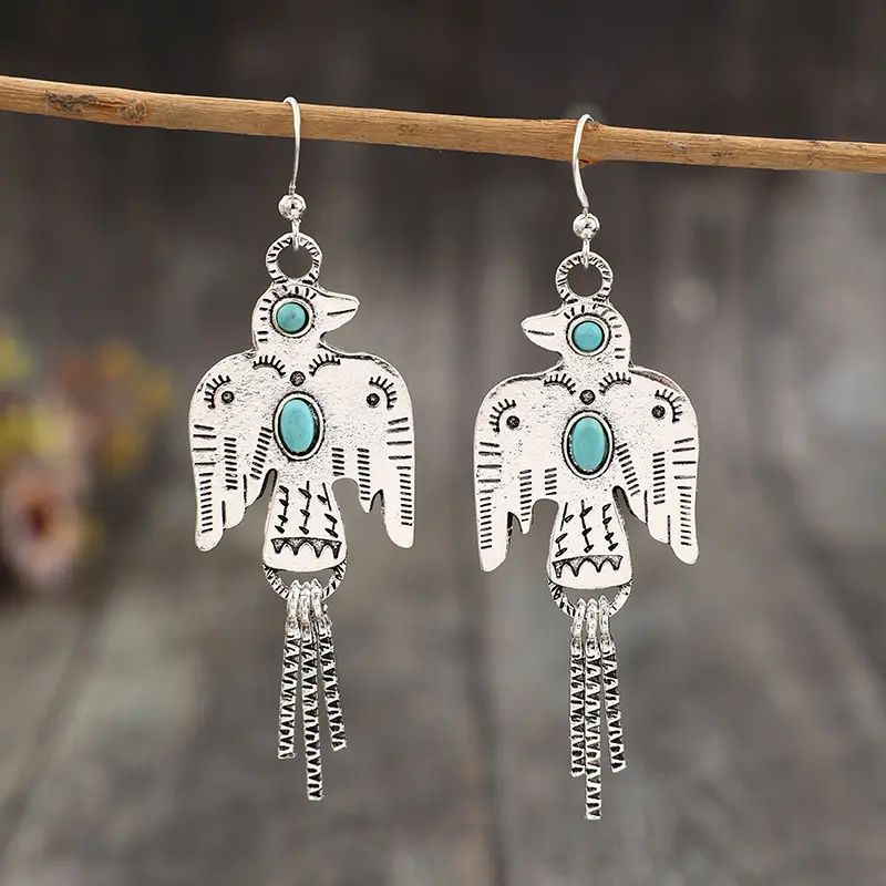 Dangle Hook Earrings for Women, Vintage Retro Bohemian Jewelry with a Carved Eagle, Turquoise Stone, Floral Engravings and Tassels, Statement Party Wear Accessories, Animal, Bohemian Earrings