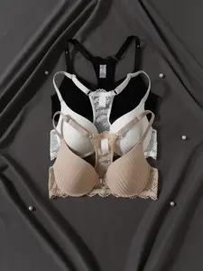 Ladies Romantic Lace Front Hook Bra 3 Pack, Underwire Support Adjustable Shoulder Straps Everyday Lingerie