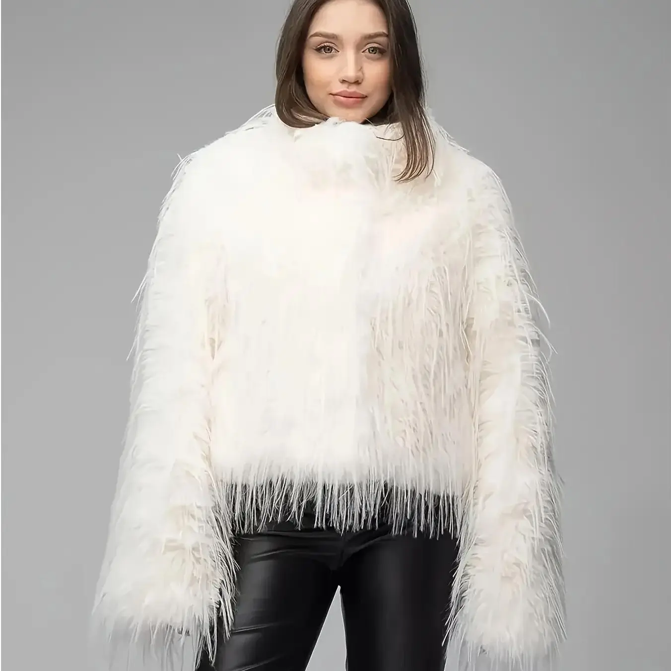 épine shaggy blouson white Women's Elegant Fitted Shaggy Long-Sleeve Coat - Luxurious