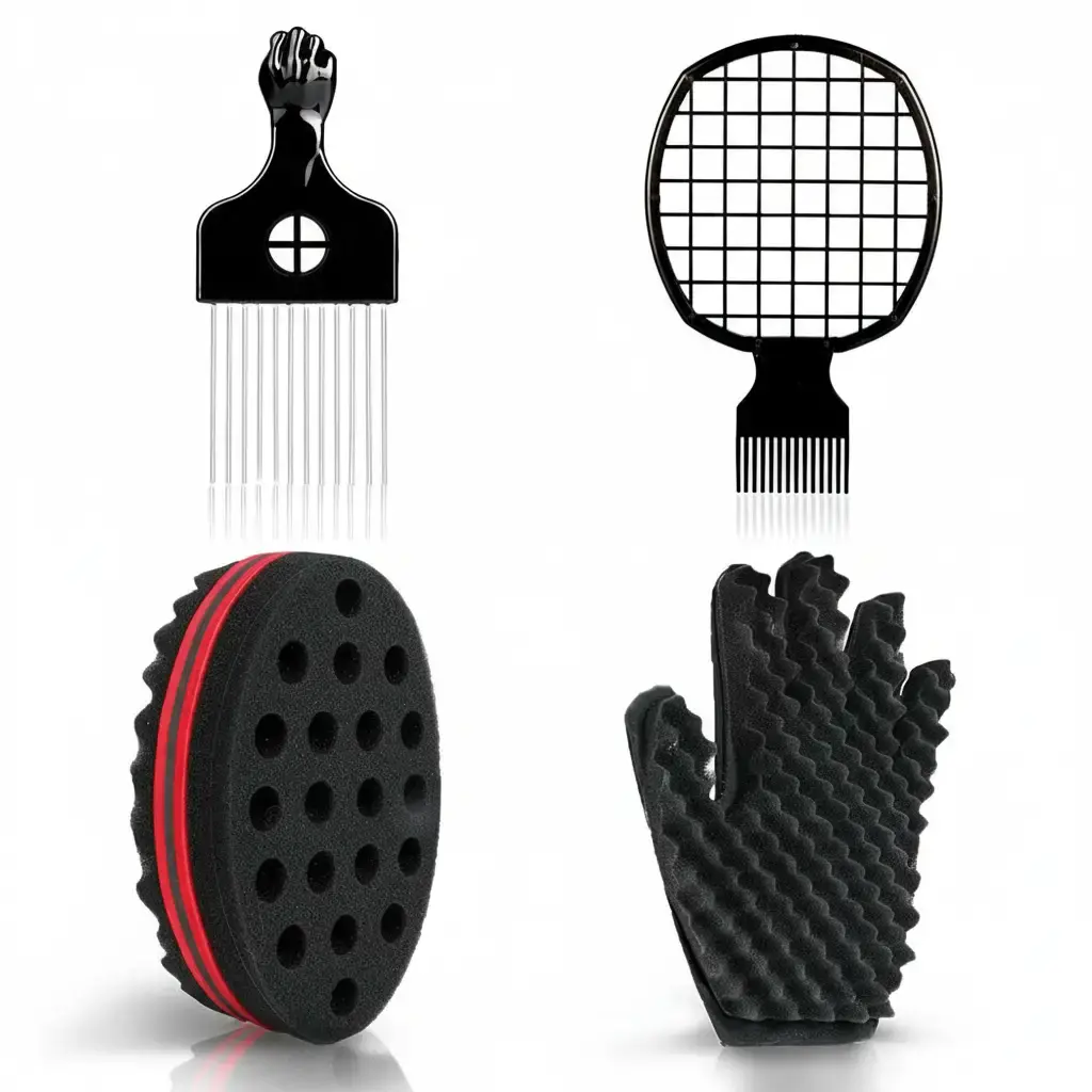 Curl Sponge Set with Glove, Metal Brush Pick and Twist Comb for Men and Women, Hair Comb, Pick Comb, Curling Hair Tools, Quick Curls