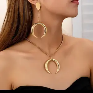 Fashionably Simple Crescent Pendant Necklace & Tassel Earrings Three-piece Set for Women Versatile Trendy Gift Idea