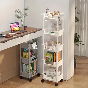 5 Layer Push Cart Rack, Home Floor Multi-Layer Living Room Storage Bookshelf, Efficient Space Management, Practical Shelf with 4 Hooks, Organiser, Display Storage Rack