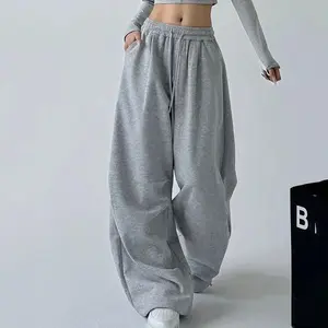 2025 New Harajuku Wide-Leg Sweatpants for Women – Streetwear, Baggy Oversized Gray Sports Pants with Drawstring, Casual Jogger Trousers