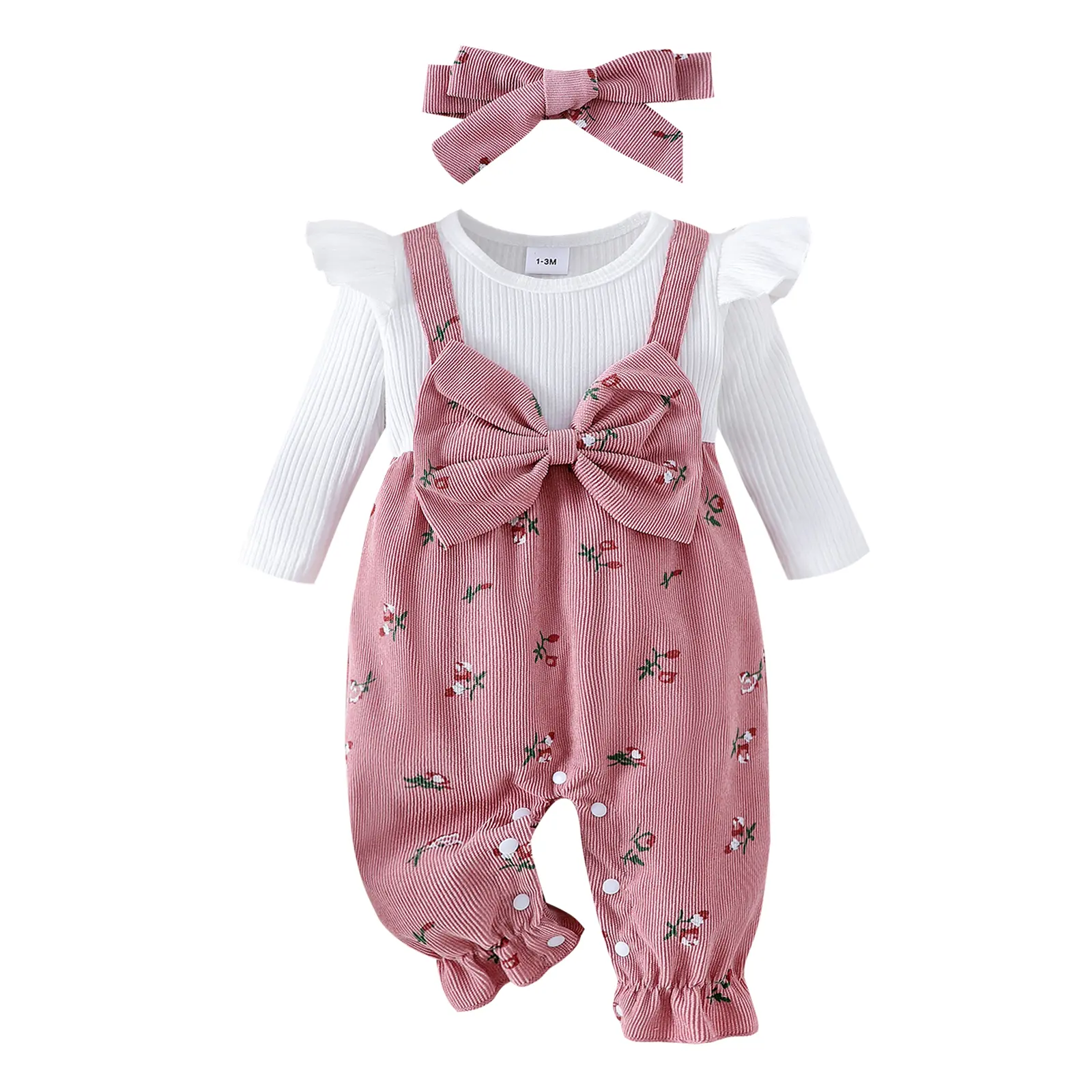 Infant Baby Girl Fall Outfit Romper Cherry Print Fake Two Pieces Patchwork Bow Jumpsuit Newborn Winter Clothes