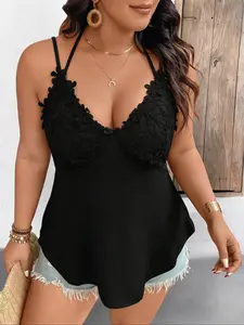 Plus Size Lace Halter Waist Crop Top, Slimming Boho Style, Perfect for Summer Outing, Music Festival, Night Out, Beach Trip, Casual Date