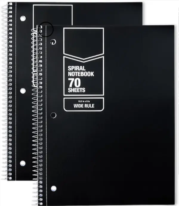 Wide-Ruled Spiral Notebooks, 8" x 10-1/2", 70 Sheets, Black, 2-Pack