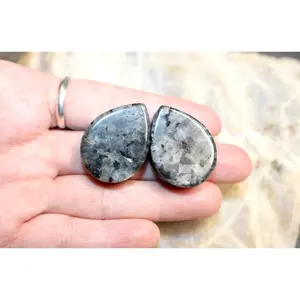 Larvikite Black Flashy Labradorite Tear Drop Plugs - Pair of Gray and Black Stone Gauges
