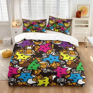Colorful Star & Cartoon Monkey Duvet Cover Set (1 Duvet + 2 Pillowcases, No Core), Soft Breathable Fabric, All-Season Cute Street Style Matching Bedding for Kids & Teens Bedroom