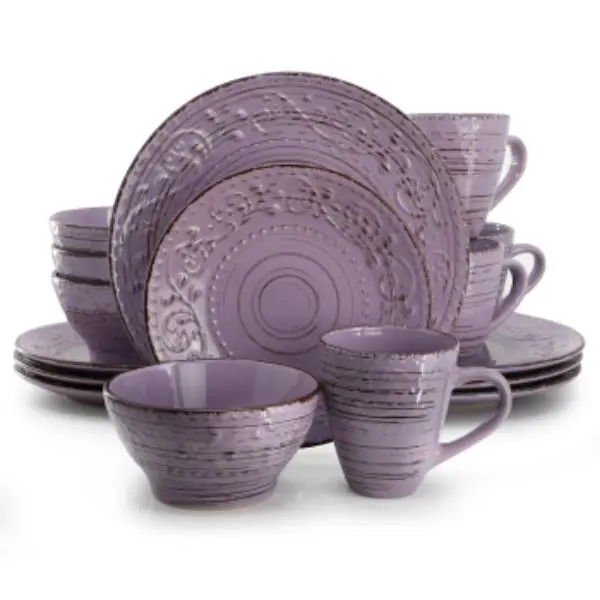 Elama ELM-MALIBU-MICA Malibu Mica Casual Tableware Set - 16-Piece Purple Dinnerware with Coastal Charm, Dinner Plates, Dishwasher Safe