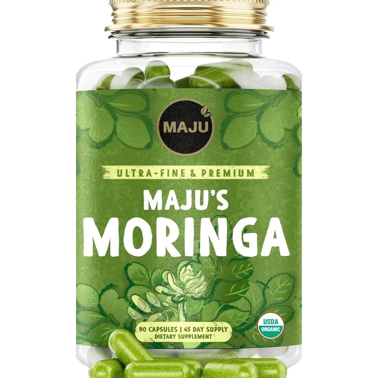 Maju Superfoods Organic Moringa Capsules, Oleifera Leaf, Extra-Fine Quality Moringa Leaves, Dried Drumstick Tree Leaves, Organic Moringa Powder Extract Supplement Capsules from Plant (90 ct)