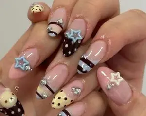 Handmade Kawaii Press On Nails, 3D Bear Star, Chocolate French Tip