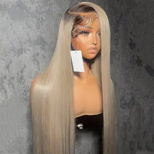 Straight Ash Blonde Ombre Brown Roots Colored Lace Front Wigs With Baby Hair 13X4 HD Transparent Highlight Ash Blonde 180% Density Can Be Restyled Pre Plucked Human Hair Wig For Women