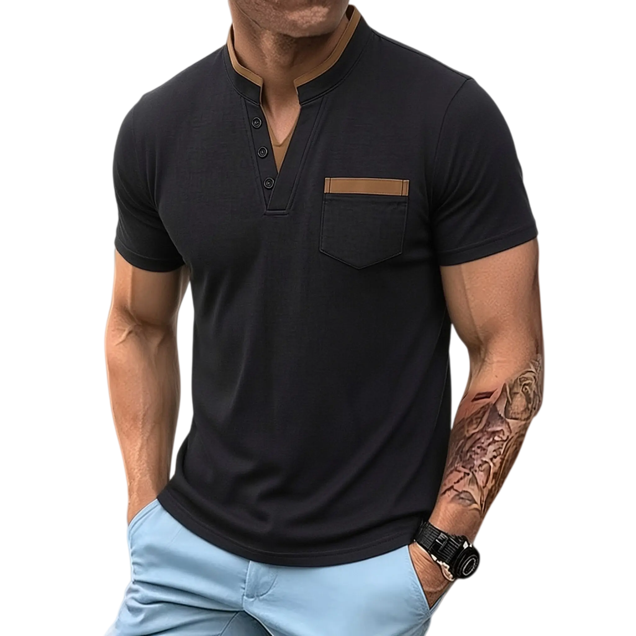 Men’s summer versatile color-block design, mock two-piece knit layering classic golf polo shirt, fashionable sports jacket, business casual party vacation travel men’s top, SpringStatements