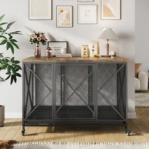 Garvee 48 Inch Large Dog Crate Furniture with Flip Top, Wheels, and Heavy Duty Pet Cage End Table - Indoor Pet House for Large, Medium, and Small Breeds in Black and Rustic Brown