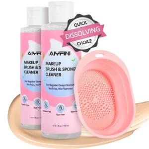 Alyfini Makeup Brush Cleaner Solution + Scrub Basin Combo, Removes Tough Stain on Make Up Brushes Set/Sponge/Puffs, Deep Clean Inner Bristles from Waterproof Foundation/Concealer, 10.2 Fl Oz/300 ml