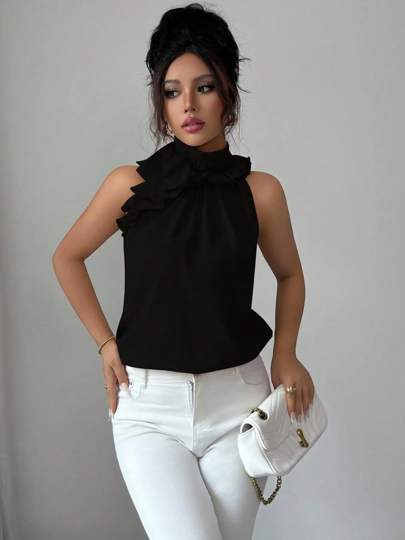 Women's Elegant Halter Neck Ruffle Chiffon Top, Womenswear Summer Satin Sleeveless Slim Fit Blouse, Versatile Office Wear Shirt Nk-0001-711