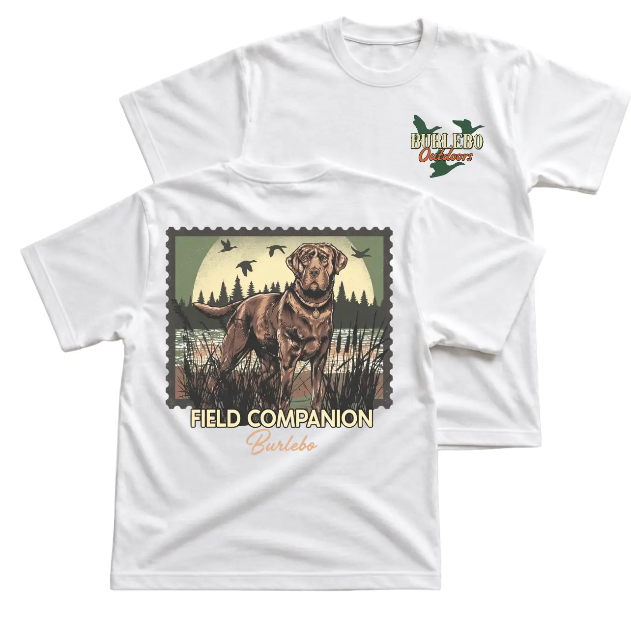 Burlebo Field Companion Labrador Dog T-Shirt, Hunting Dog Graphic Tee With Marsh Duck Back Print, Front Chest Burlebo Outdoors Logo Shirt, Waterfowl Retriever Outfit, Outdoor Wildlife Apparel Gift for Hunters and Men Women