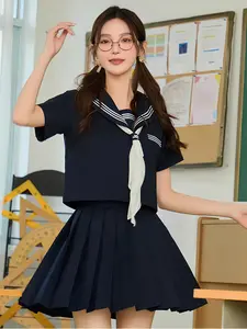 Jk Student Uniform Set, Loose-Fit Short Sleeve Top, Waist-Cinch Pleated Skirt, Navy Collar, Y2K Style, All Seasons, Classic Fit
