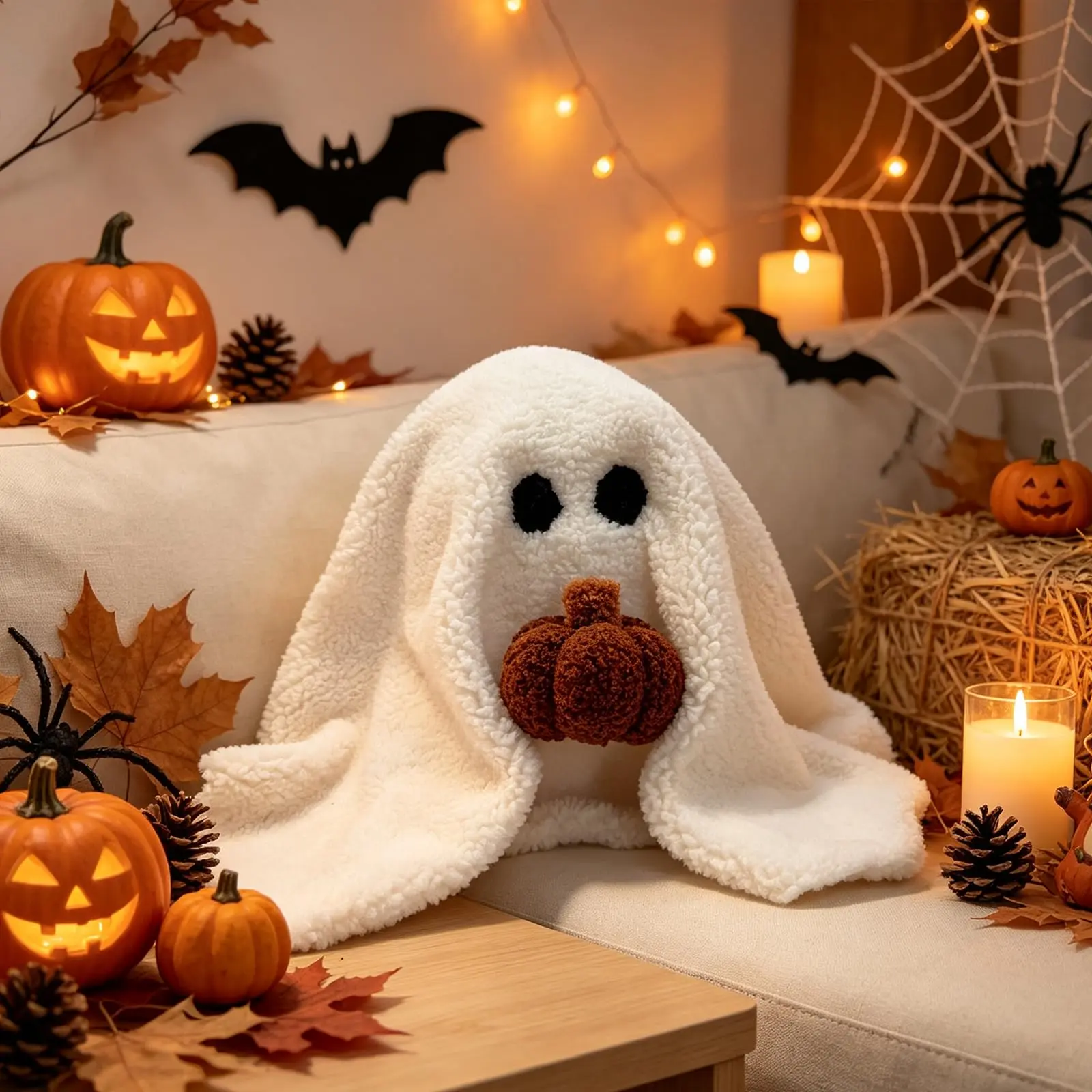 Classic Full-Shape Cozy Round Ghost Ball Plush Pillow - Soft White Sherpa, Pumpkin Accent, PP Cotton Fill, Indoor Halloween Festive Decoration, Fall Home Gift for Couch, Bed