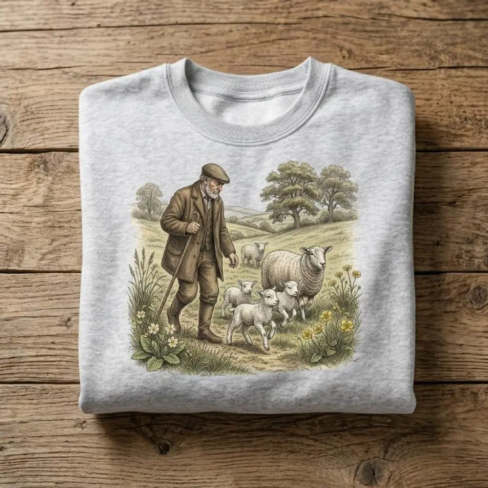 Women's Vintage Cottagecore Fitted Sheep Digital Print Crew Neck Sweatshirt - Unisex Casual Cotton-Polyester Blend Top, Hand Wash, Do Not Dry Clean, Tops, Graphic Print, Pullover, Sheep Artwork, All Seasons, Multi-Size, Round Neck, Fitted Cut, Hand Wash O